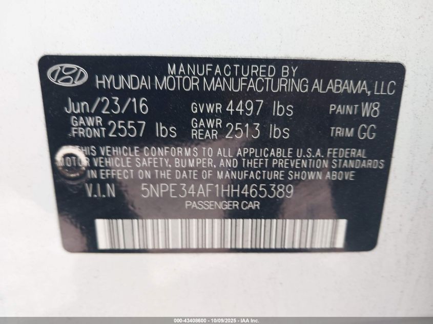 2017 Hyundai Sonata Limited VIN: 5NPE34AF1HH465389 Lot: 43408600