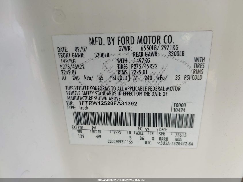 2008 Ford F-150 VIN: 1FTRW12528FA31392 Lot: 43408602