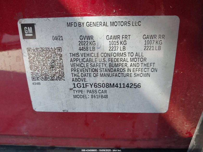 2021 Chevrolet Bolt Ev Fwd Lt VIN: 1G1FY6S08M4114256 Lot: 43408605