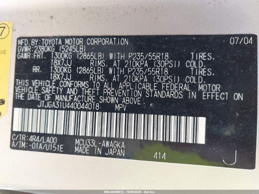 2004 Lexus Rx 330 VIN: JTJGA31U440044018 Lot: 43408610