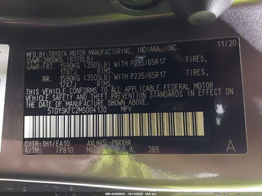 2021 Toyota Sienna Xle VIN: 5TDYSKFC2MS004130 Lot: 43408630