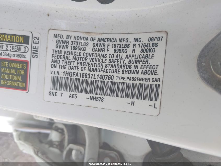 2007 Honda Civic Ex VIN: 1HGFA16837L140760 Lot: 43408649