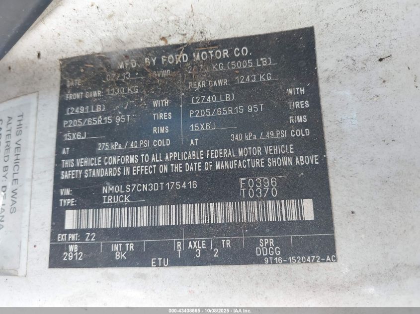 2013 Ford Transit Connect Xl VIN: NM0LS7CN3DT175416 Lot: 43408665