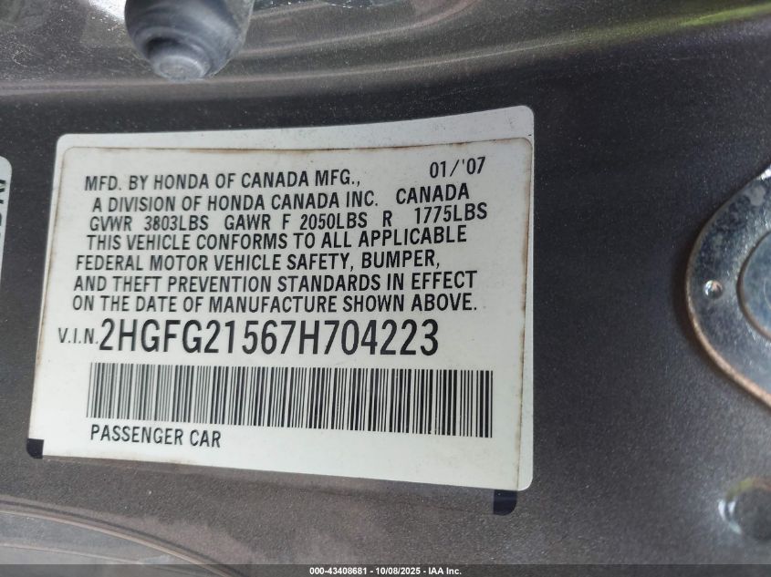 2007 Honda Civic Si VIN: 2HGFG21567H704223 Lot: 43408681