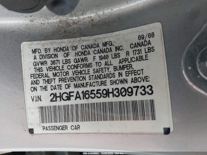 2009 Honda Civic Lx VIN: 2HGFA16559H309733 Lot: 43408684
