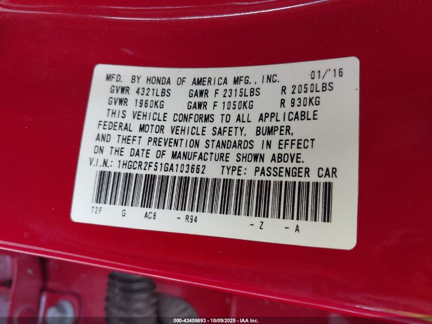 2016 Honda Accord Sport VIN: 1HGCR2F51GA103662 Lot: 43408693