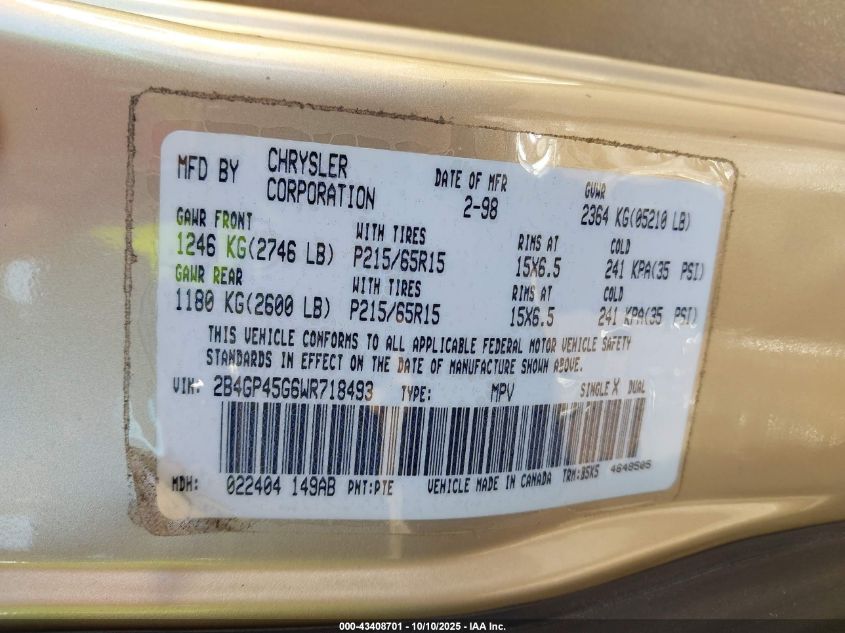 1998 Dodge Caravan Se VIN: 2B4GP45G6WR718493 Lot: 43408701