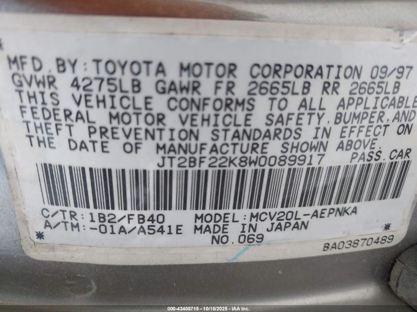 1998 Toyota Camry Le V6 VIN: JT2BF22K8W0089917 Lot: 43408715