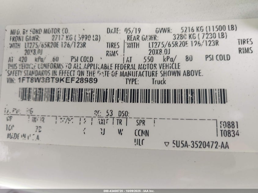 1FT8W3BT9KEF28989 2019 FORD F350 photo no. 9