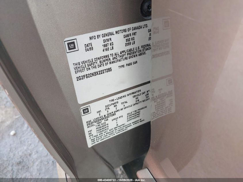 1999 Pontiac Firebird VIN: 2G2FS22K8X2227285 Lot: 43408722