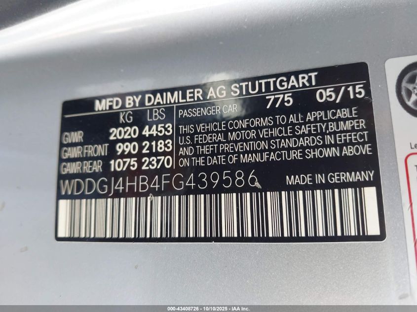 2015 Mercedes-Benz C 250 VIN: WDDGJ4HB4FG439586 Lot: 43408726