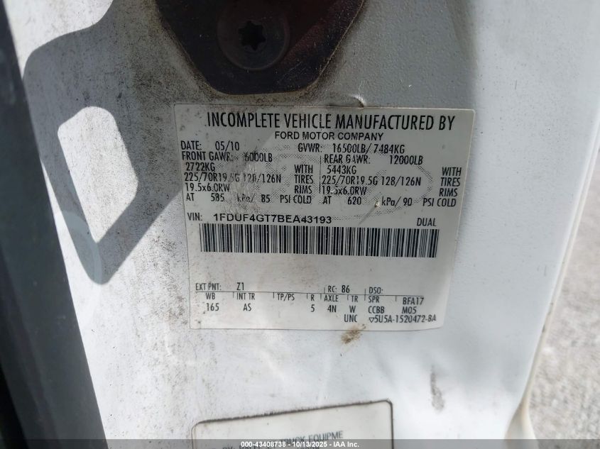 2011 Ford F-450 Chassis Xl VIN: 1FDUF4GT7BEA43193 Lot: 43408738