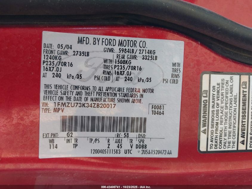 2004 Ford Explorer Nbx/Xlt VIN: 1FMZU73K34ZB20017 Lot: 43408741