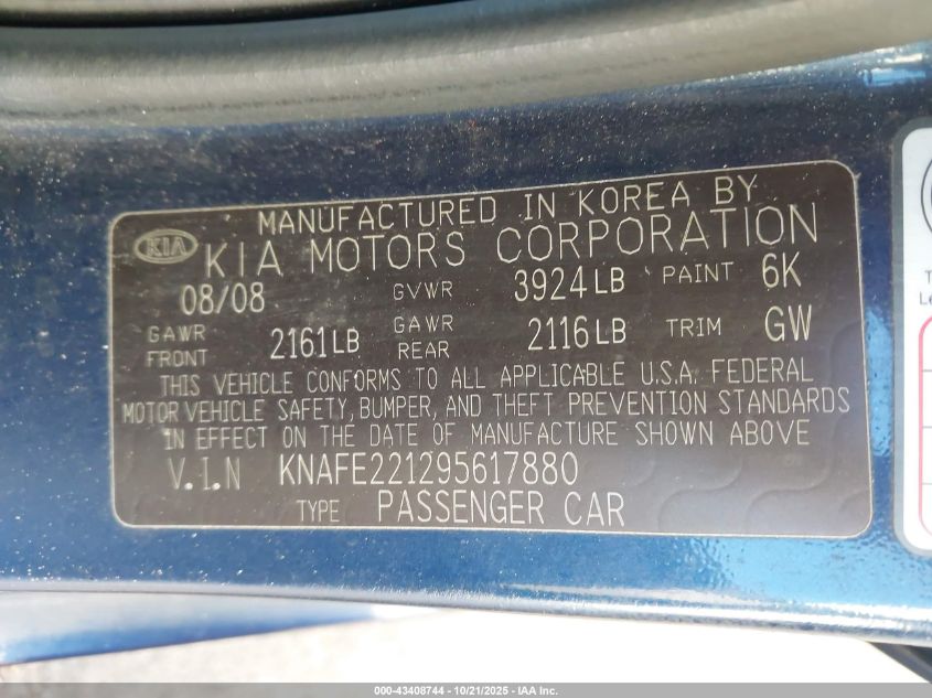 2009 Kia Spectra Ex VIN: KNAFE221295617880 Lot: 43408744