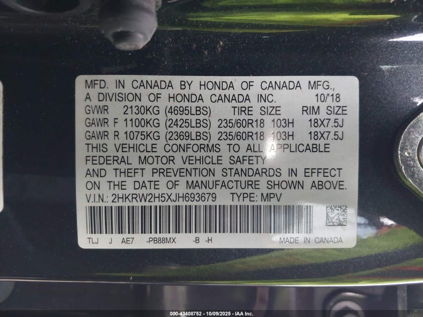 2018 Honda Cr-V Ex VIN: 2HKRW2H5XJH693679 Lot: 43408752