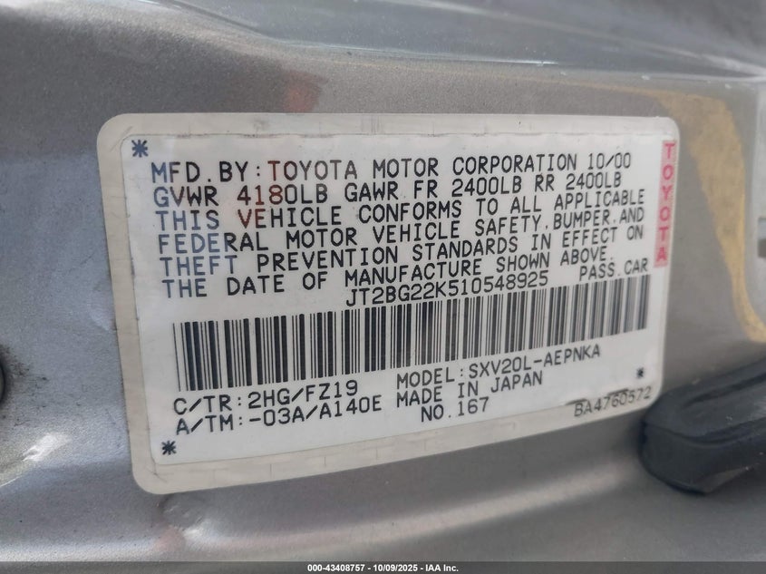 2001 Toyota Camry Le VIN: JT2BG22K510548925 Lot: 43408757