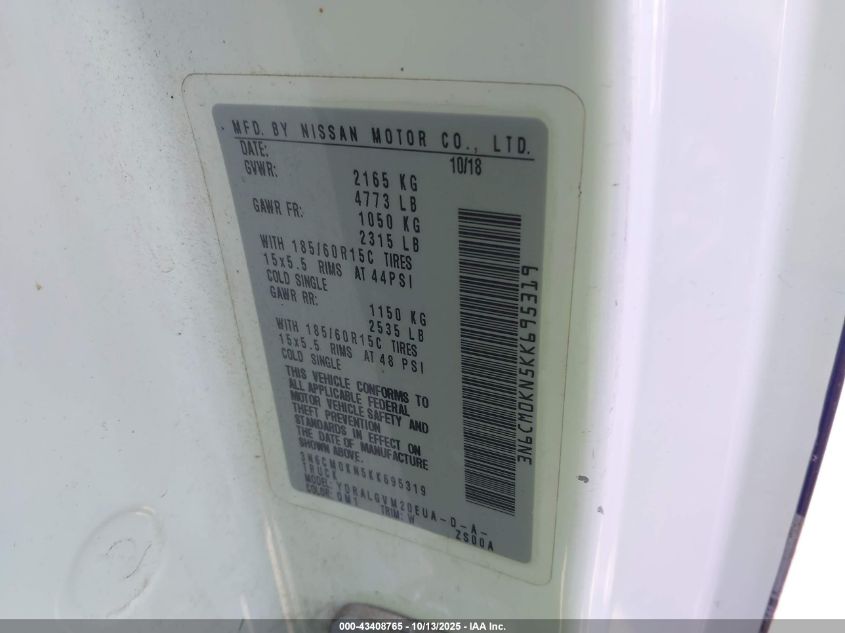 2019 Nissan Nv200 Sv VIN: 3N6CM0KN5KK695319 Lot: 43408765