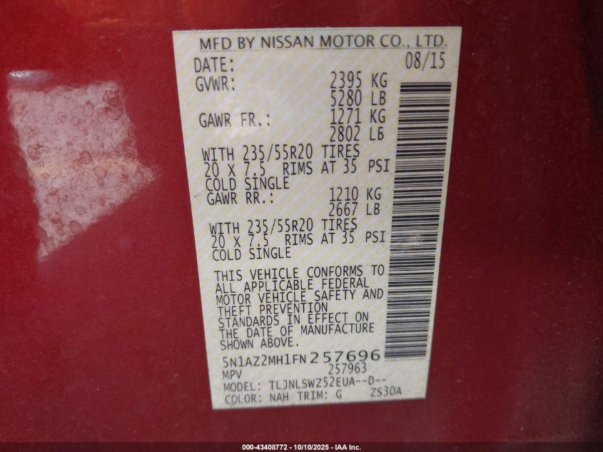 2015 Nissan Murano Platinum VIN: 5N1AZ2MH1FN257696 Lot: 43408772