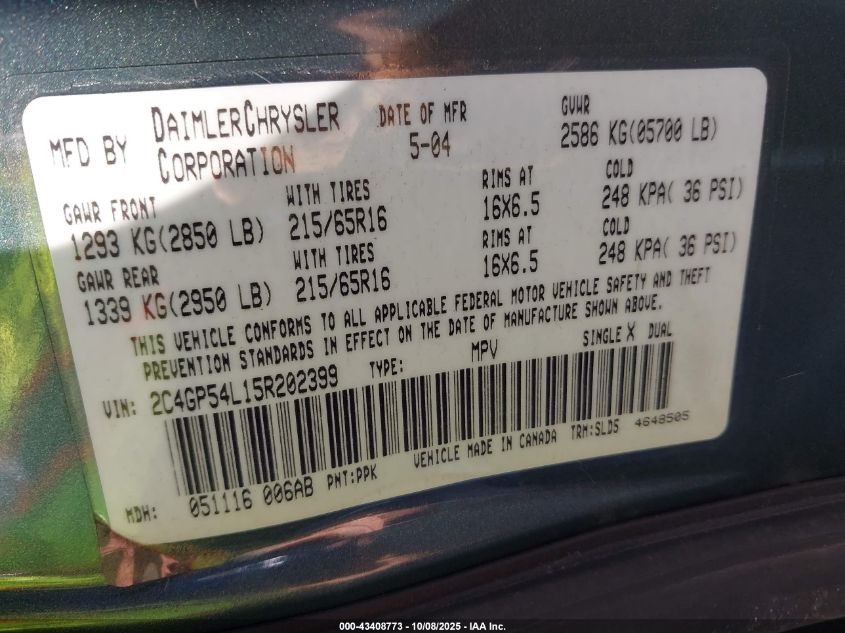 2005 Chrysler Town & Country Touring VIN: 2C4GP54L15R202399 Lot: 43408773