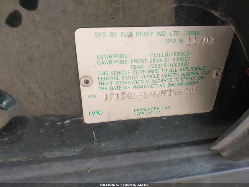 2004 Subaru Forester 2.5X VIN: JF1SG63694H746905 Lot: 43408774