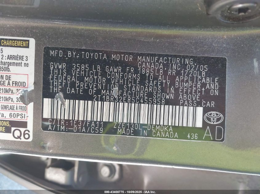 2005 Toyota Corolla Ce VIN: 2T1BR32E85C455958 Lot: 43408775