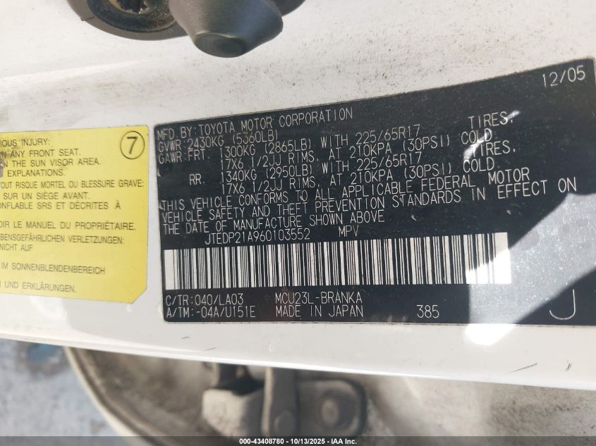 2006 Toyota Highlander Limited V6 VIN: JTEDP21A960103552 Lot: 43408780