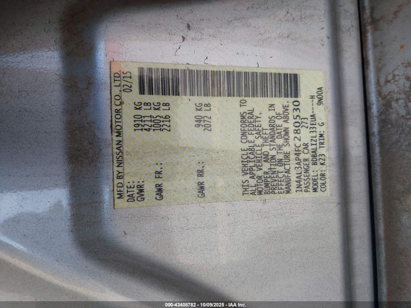 2015 Nissan Altima 2.5 Sv VIN: 1N4AL3AP4FC280530 Lot: 43408782