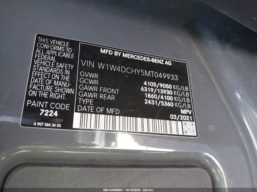 2021 Mercedes-Benz Sprinter 2500 High Roof I4 Diesel VIN: W1W4DCHY5MT049933 Lot: 43408804