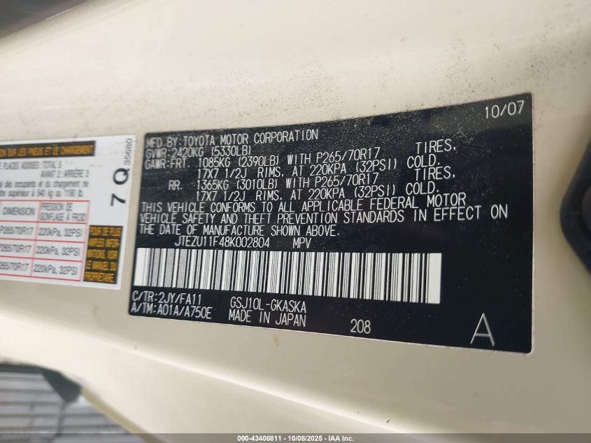 2008 Toyota Fj Cruiser VIN: JTEZU11F48K002804 Lot: 43408811