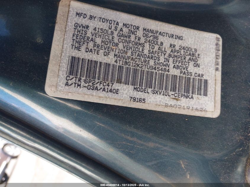 1996 Toyota Camry Dx/Le/Xle VIN: 4T1BG12K2TU945484 Lot: 43408814