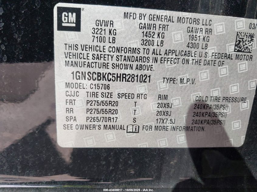 2017 Chevrolet Tahoe Lt VIN: 1GNSCBKC5HR281021 Lot: 43408817