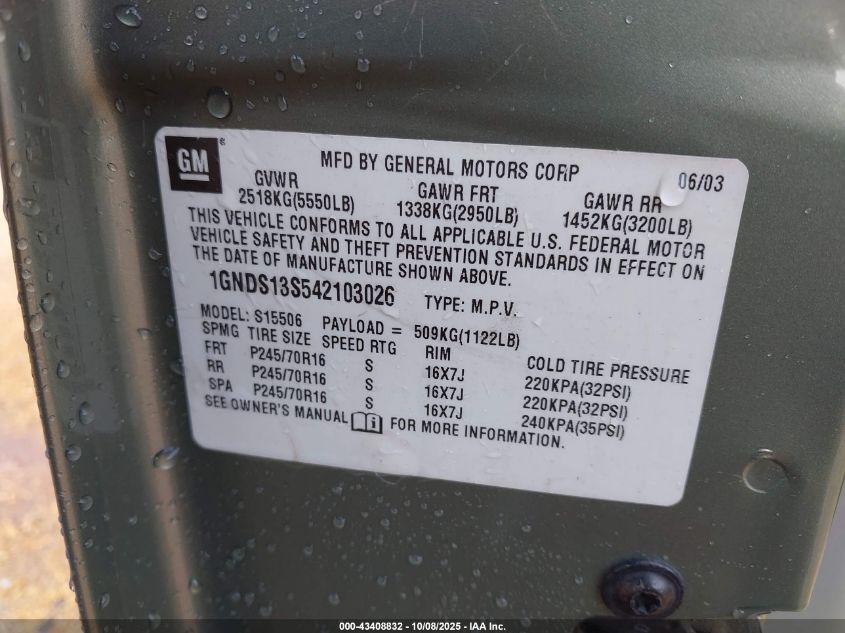 2004 Chevrolet Trailblazer Ls VIN: 1GNDS13S542103026 Lot: 43408832