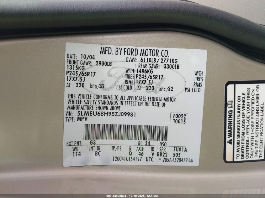 2005 Lincoln Aviator VIN: 5LMEU68H95ZJ09981 Lot: 43408834