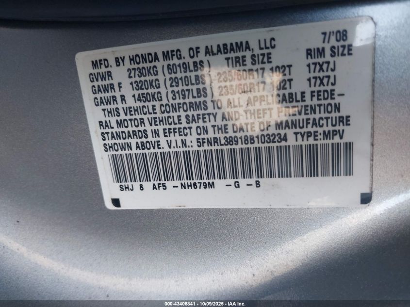 2008 Honda Odyssey Touring VIN: 5FNRL38918B103234 Lot: 43408841