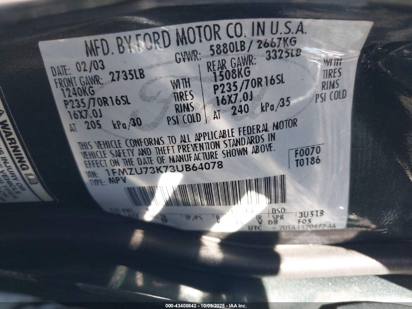 2003 Ford Explorer Nbx/Xlt VIN: 1FMZU73K73UB64078 Lot: 43408842