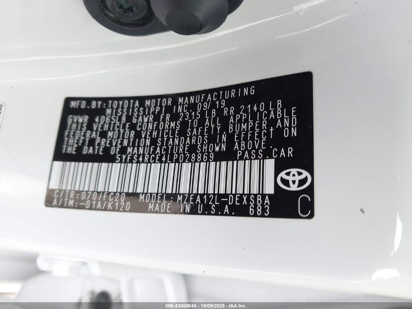 2020 Toyota Corolla Se VIN: 5YFS4RCE4LP028869 Lot: 43408848