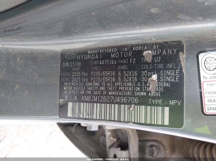 2007 Hyundai Tucson Gls VIN: KM8JM12B27U496706 Lot: 43408862