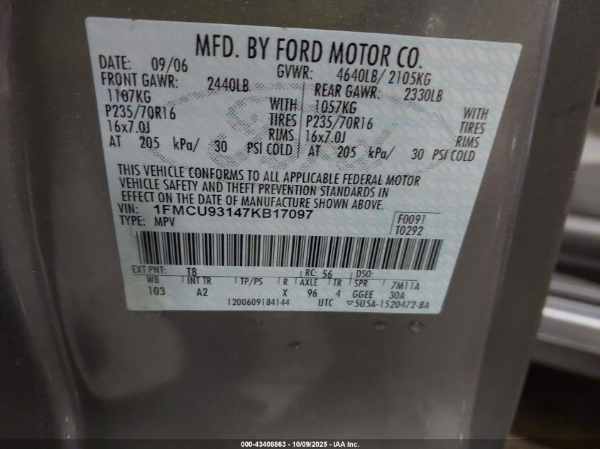 2007 Ford Escape Xlt/Xlt Sport VIN: 1FMCU93147KB17097 Lot: 43408863