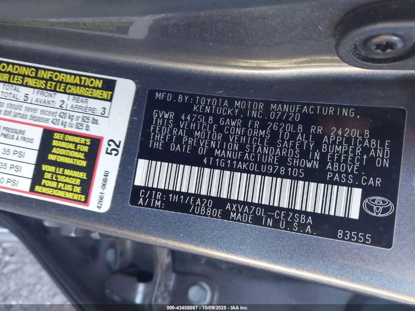 2020 Toyota Camry Se VIN: 4T1G11AK0LU978105 Lot: 43408867