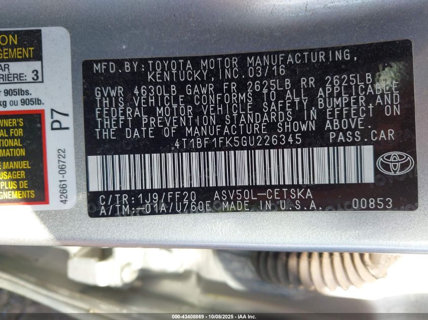 2016 Toyota Camry Se VIN: 4T1BF1FK5GU226345 Lot: 43408869