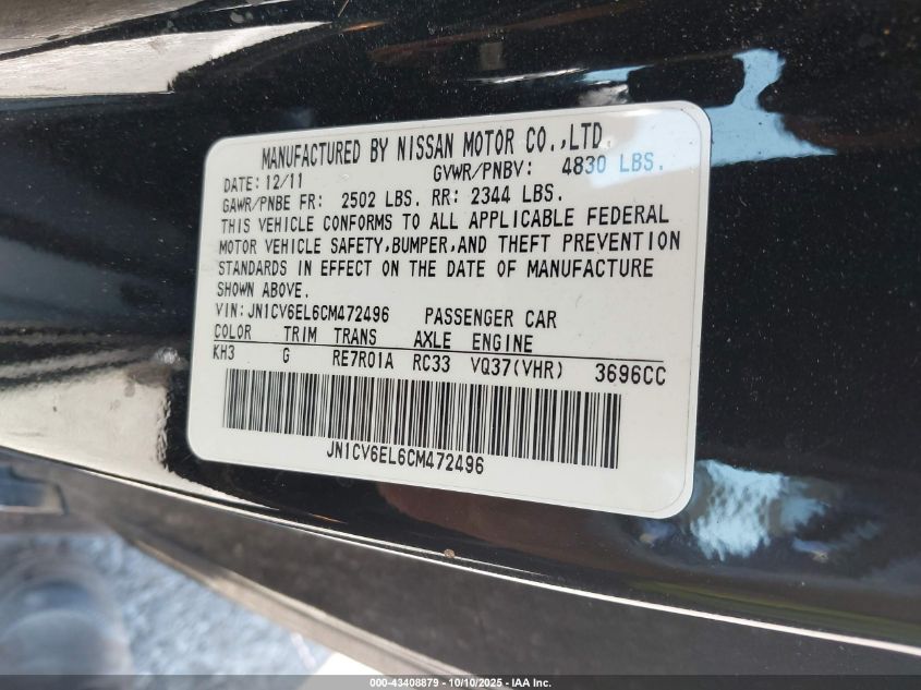 2012 Infiniti G37X VIN: JN1CV6EL6CM472496 Lot: 43408879