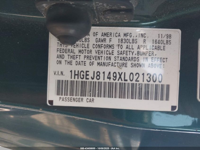 1999 Honda Civic Ex VIN: 1HGEJ8149XL021300 Lot: 43408889