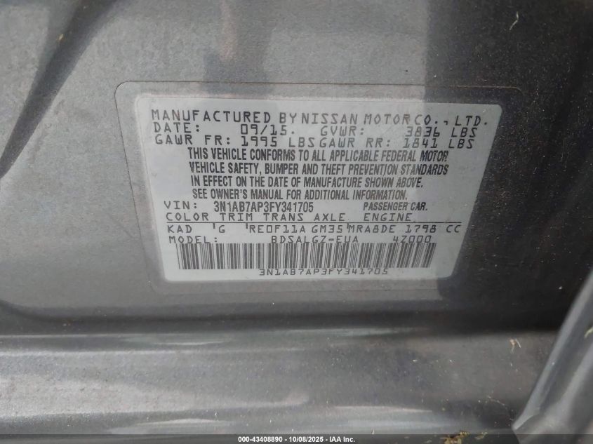 2015 Nissan Sentra Sl VIN: 3N1AB7AP3FY341705 Lot: 43408890