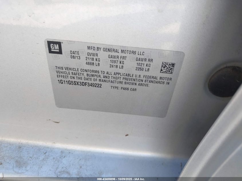 2013 Chevrolet Malibu 3Lt VIN: 1G11G5SX3DF349222 Lot: 43408896