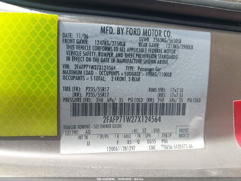 2007 Ford Crown Victoria Police/Police Interceptor/Pursuit VIN: 2FAFP71W27X124564 Lot: 43408898