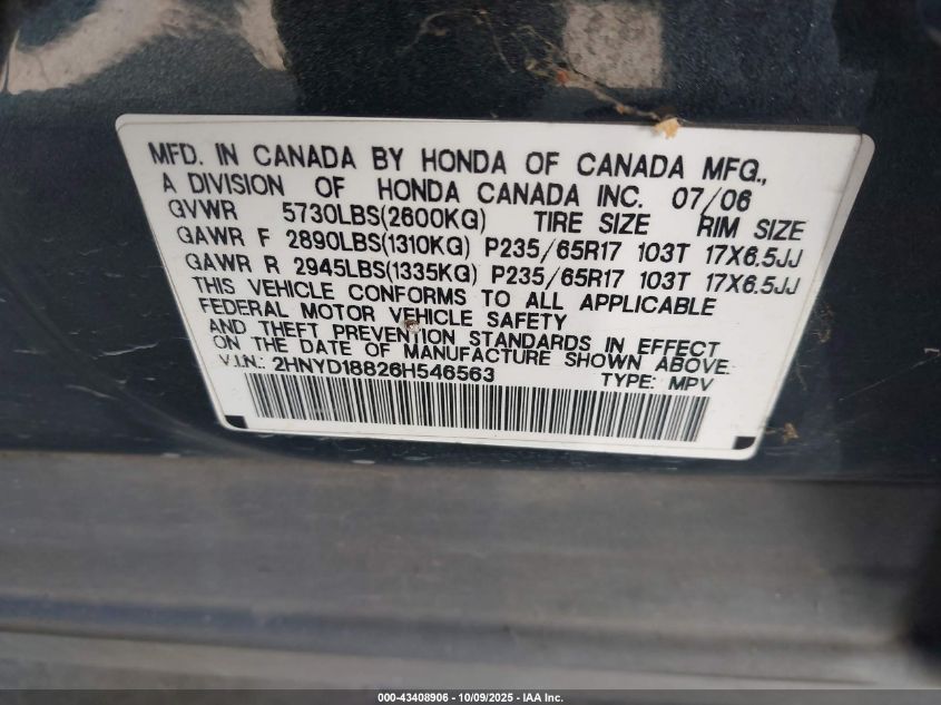 2006 Acura Mdx VIN: 2HNYD18826H546563 Lot: 43408906