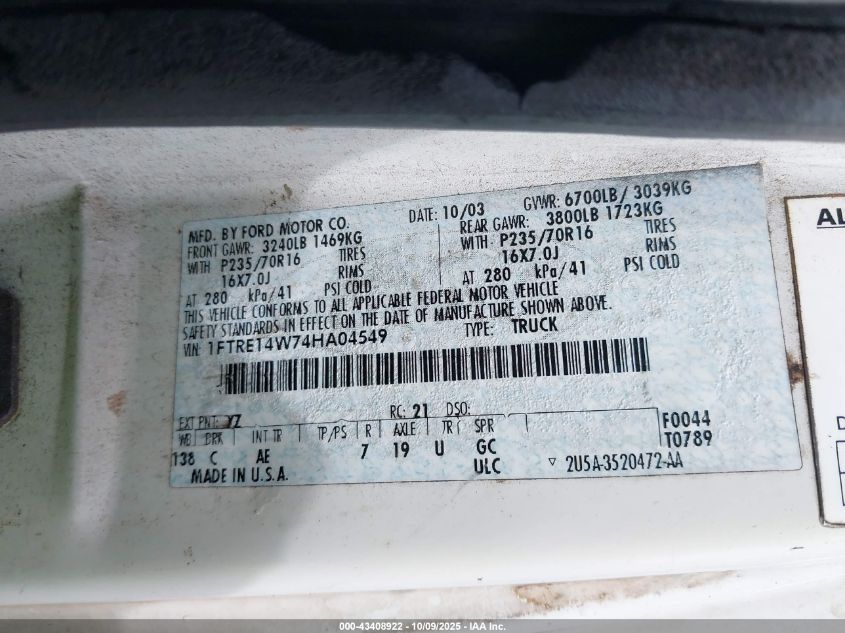 2004 Ford E-150 Commercial/Recreational VIN: 1FTRE14W74HA04549 Lot: 43408922