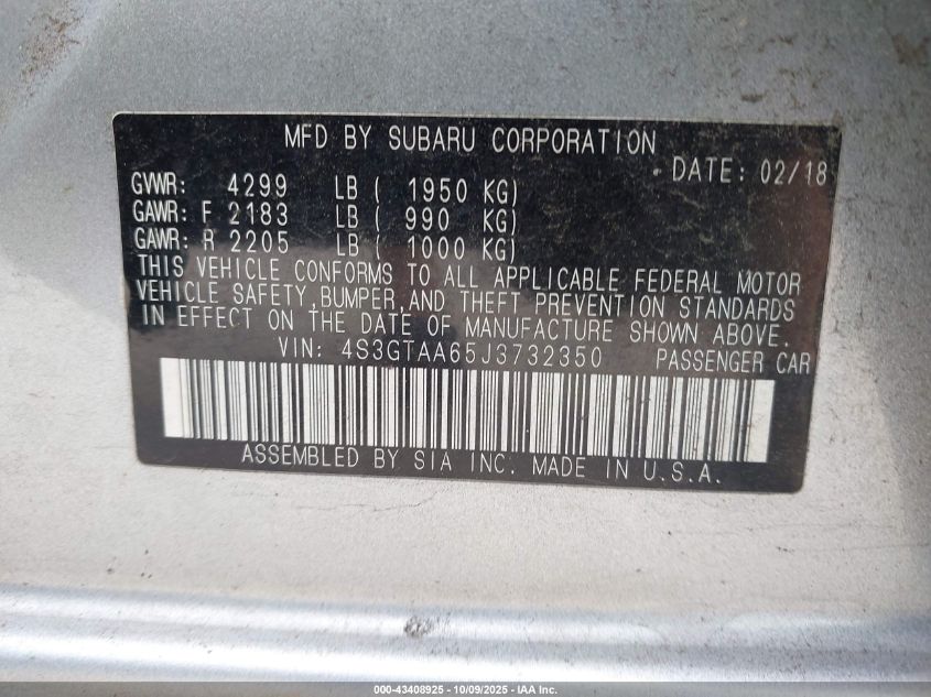 2018 Subaru Impreza 2.0I VIN: 4S3GTAA65J3732350 Lot: 43408925