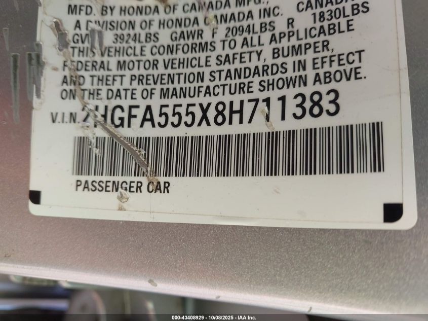 2008 Honda Civic Si/Si Mugen VIN: 2HGFA555X8H711383 Lot: 43408929