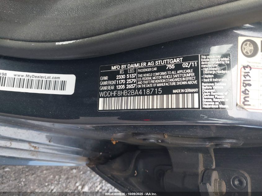 2011 Mercedes-Benz E 350 4Matic VIN: WDDHF8HB2BA418715 Lot: 43408936